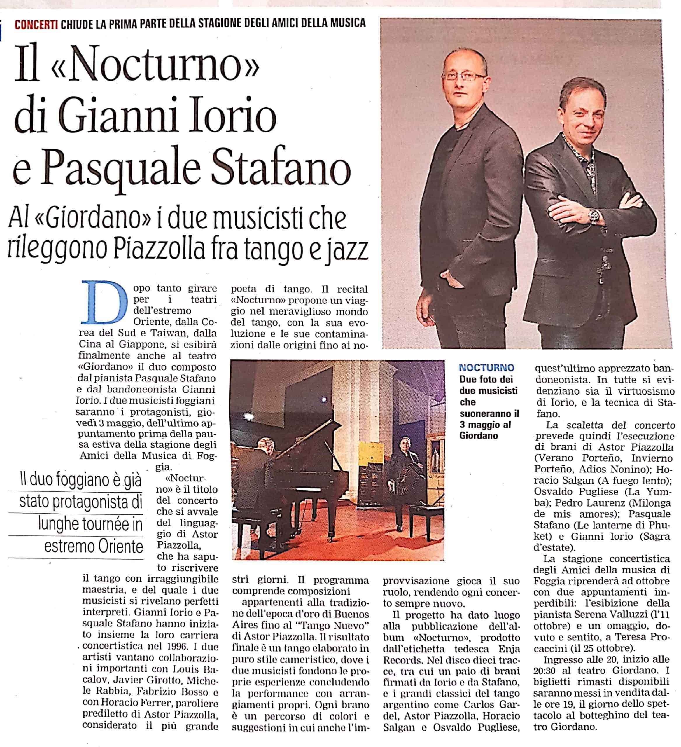 Pasquale Stafano - La GAzzetta del Mezzogiorno - Concerto al Teatro Giordano